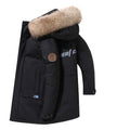 Black winter coat with fur hood on a white background, featuring waterproof and temperature-resistant properties.