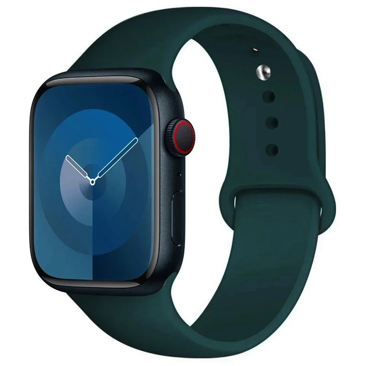 Silicone sport band for Apple Watch, compatible with Series 9/8/7/6/5/SE/Ultra, shown in vibrant colors.