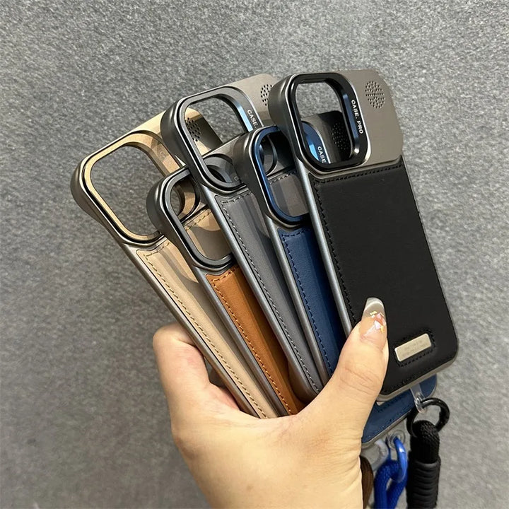 Armor Leather Case for iPhone 12 13 14 15 16 with Lens Bracket