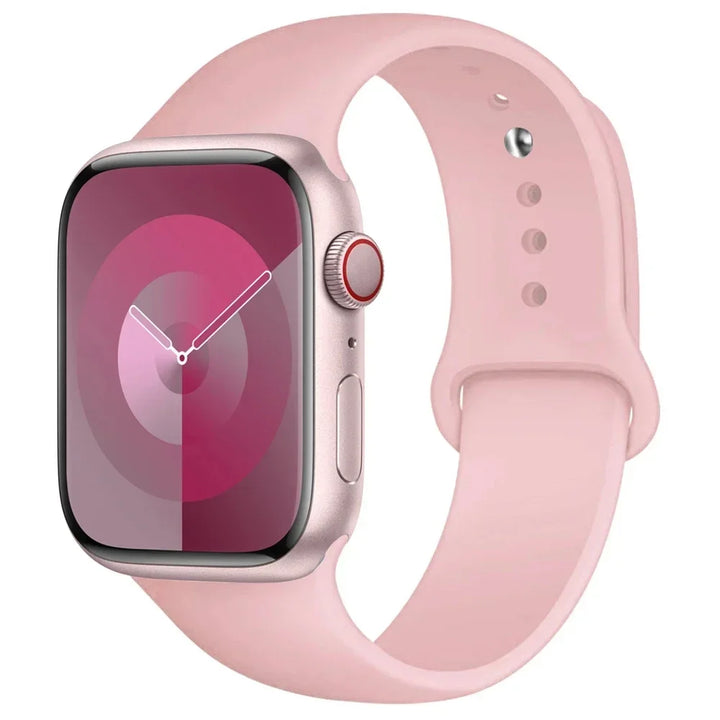 Silicone sport band for Apple Watch, compatible with Series 9/8/7/6/5/SE/Ultra, shown in vibrant colors.