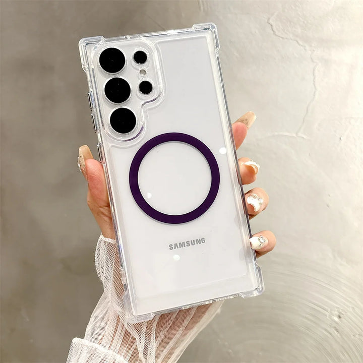 Transparent Armour Magnetic Case with reinforced corners, shockproof design, and wireless charging support for Samsung S25, S24, S23, S22, S21.