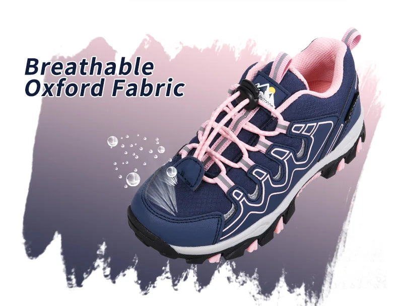 Blue and pink sneaker with breathable fabric text on a light purple background