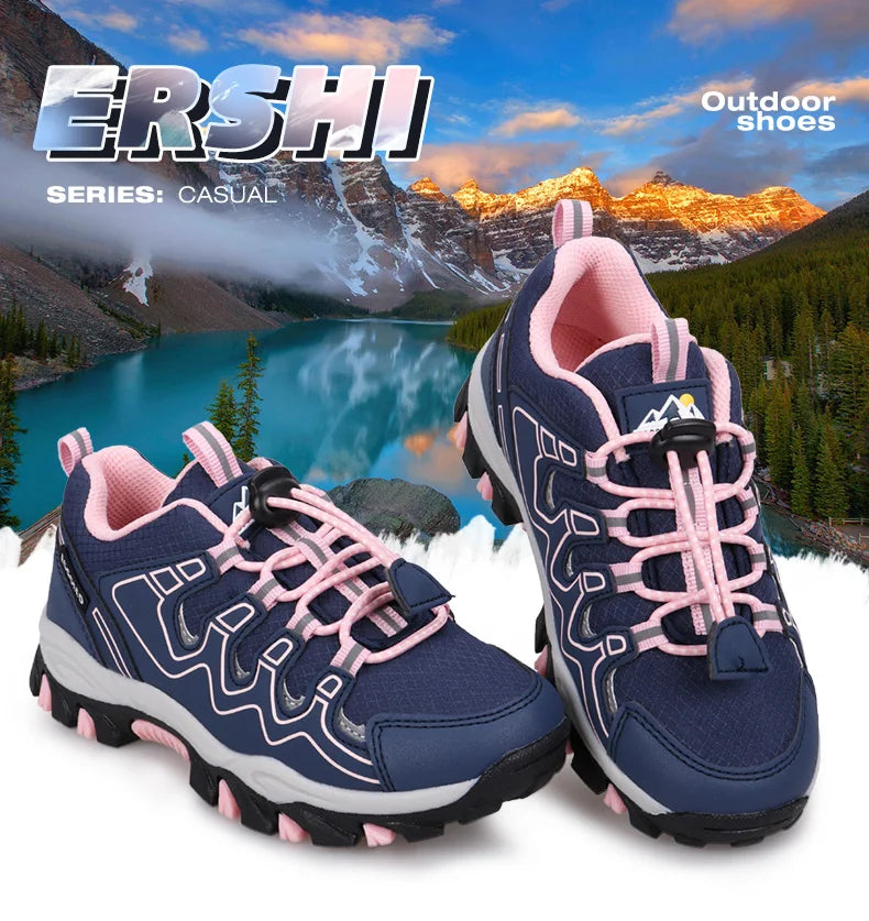 Navy and pink outdoor shoes with mountain and lake background, featuring the brand 'ERSHI'.