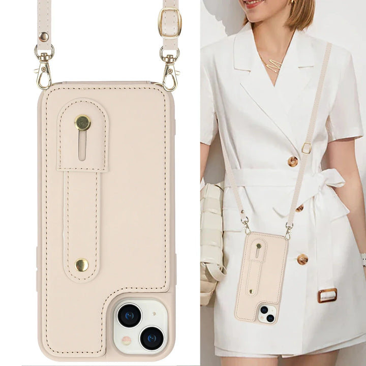 Crossbody Leather Wallet Case for iPhone 16/15/14/13/12/11 with Card Slot, Wristband & Lanyard