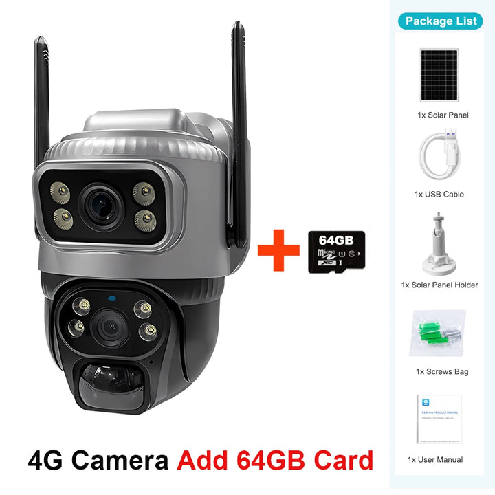 4G camera with solar panel and 64GB card on a white background