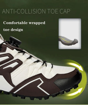 White and brown athletic shoe with anti-collision toe cap feature on a green background