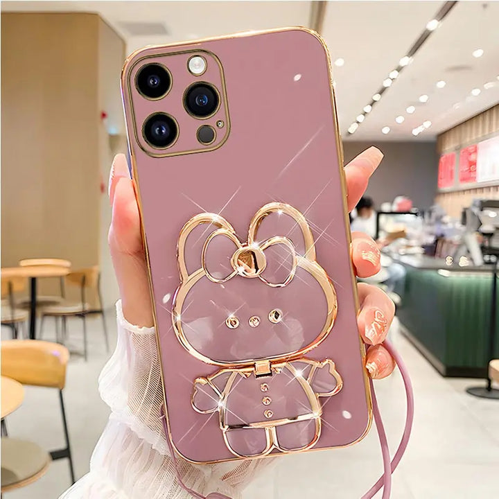 Mirror Rabbit Strap Plating Case for iPhone 14 13 12 11 Pro Max - Glossy, Anti-Scratch, Dustproof with Lanyard