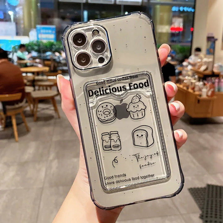 Transparent wallet card holder soft case for iPhone with card slots and shockproof protection.