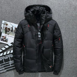 Black winter jacket with red accents on a gray background