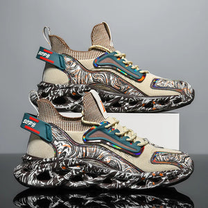 Pair of stylish sneakers with unique design and brand tag on a reflective surface.