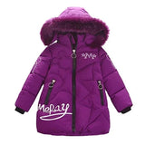 Purple children's winter coat with fur-lined hood on a white background