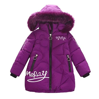 Purple children's winter coat with fur-lined hood on a white background