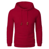 Red hoodie with gold accents on a white background