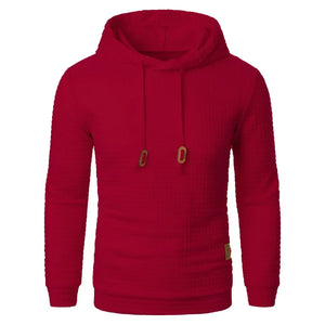 Red hoodie with gold accents on a white background