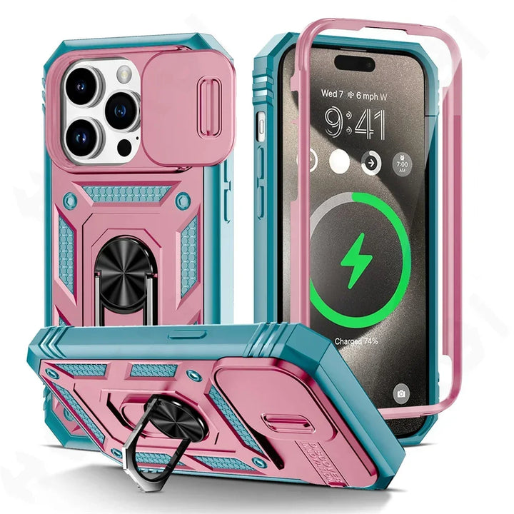 Military Grade iPhone Case with 360 Degree Kickstand & Camera Slide – Full Protection for iPhone 16 15 14 13 12 11