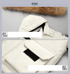 White hooded jacket with fur trim on a gray background