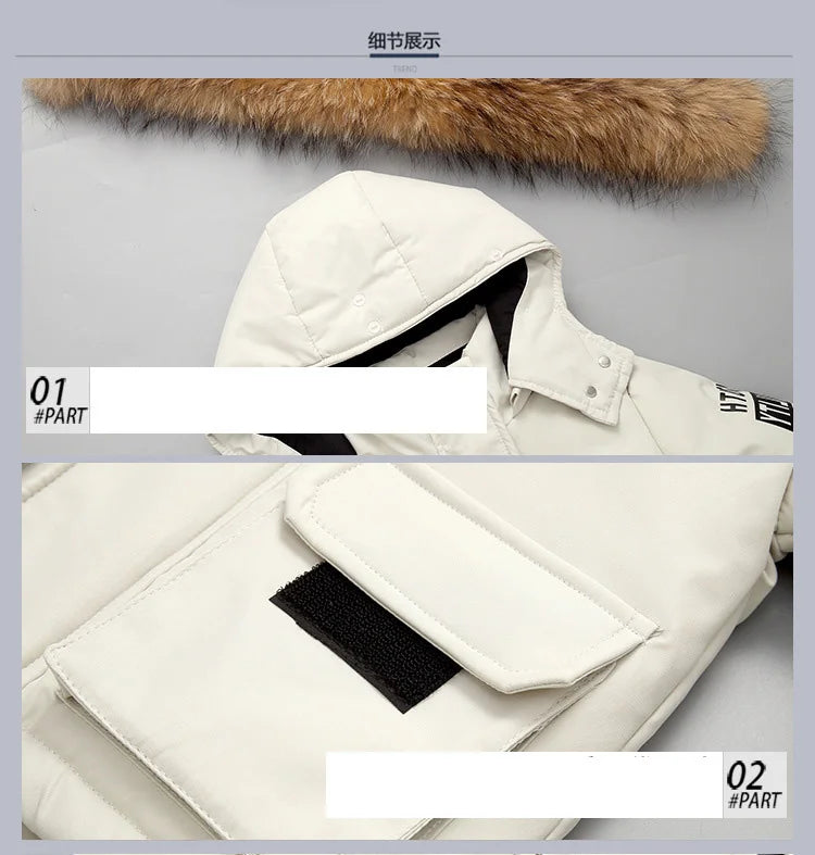 White hooded jacket with fur trim on a gray background