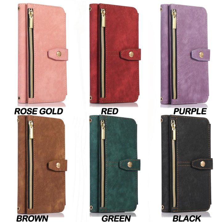 Crossbody wallet case for iPhone with card holder, lanyard, and kickstand for hands-free use.