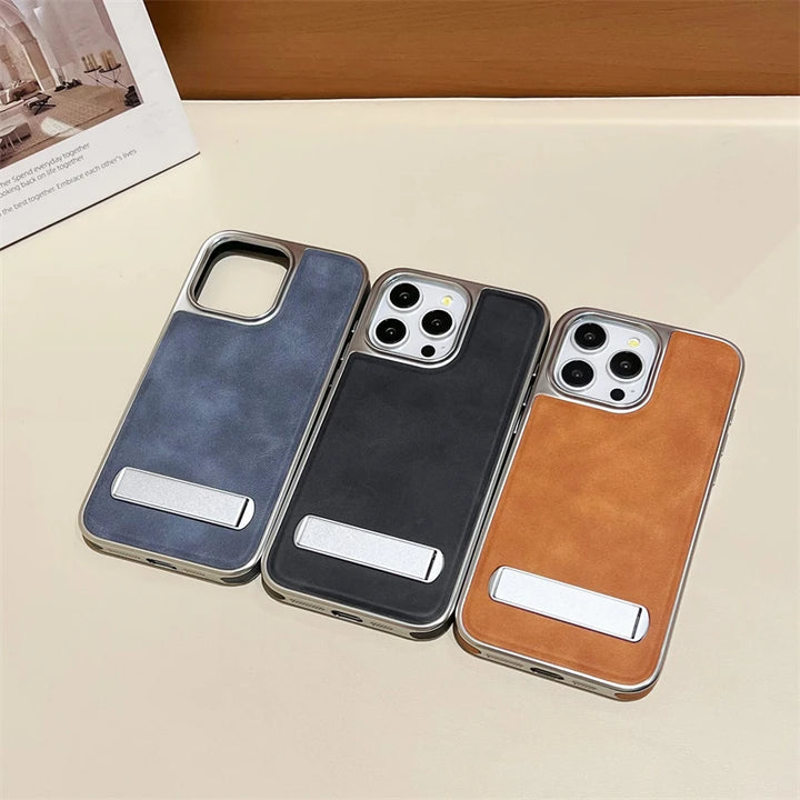 Luxury Plating Leather Metal Holder Case for iPhone 11/12/13/14/15 Pro Max Plus with Shockproof and Stylish Design