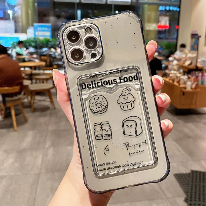 Transparent wallet card holder soft case for iPhone with card slots and shockproof protection.