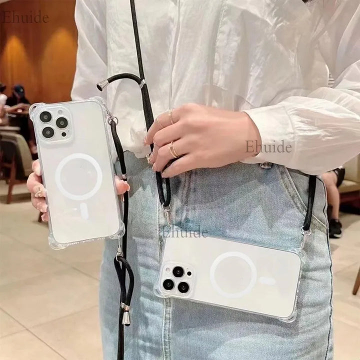 Magsafe Magnetic Strap Crossbody Case for iPhone 16, 15, 14, 13, 12, 11 Pro Max – Clear, Shockproof with Lanyard