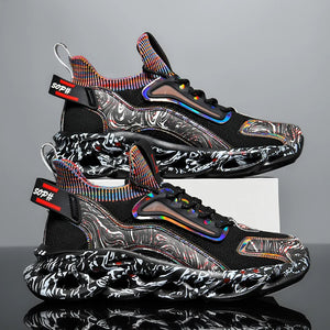 Black and white sneakers with colorful accents on a gray background
