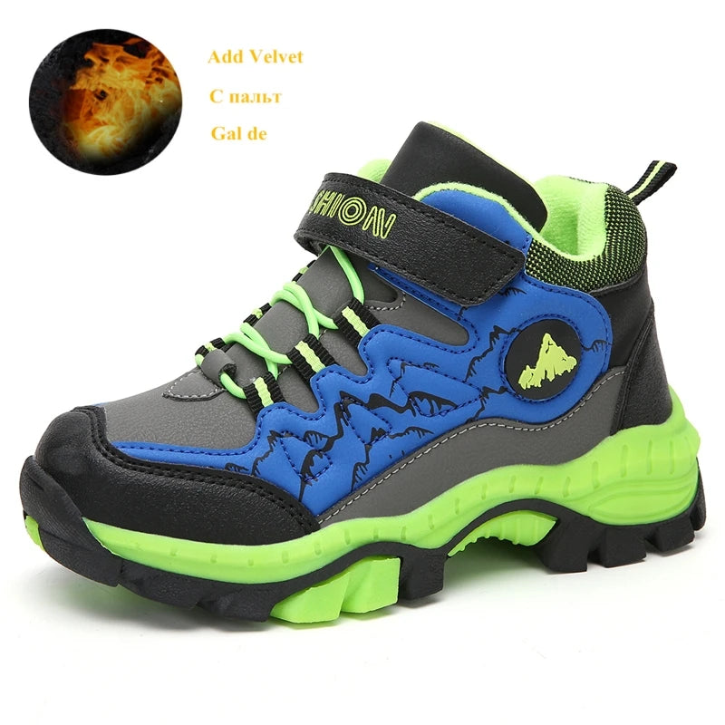 Children's multi-colored sneakers with black, blue, and green colors on a white background.