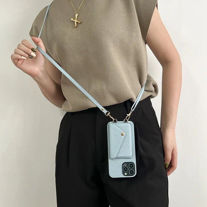 Crossbody leather phone case with wallet and card holder for iPhone 11-16 Pro Max, featuring an adjustable strap and plain design