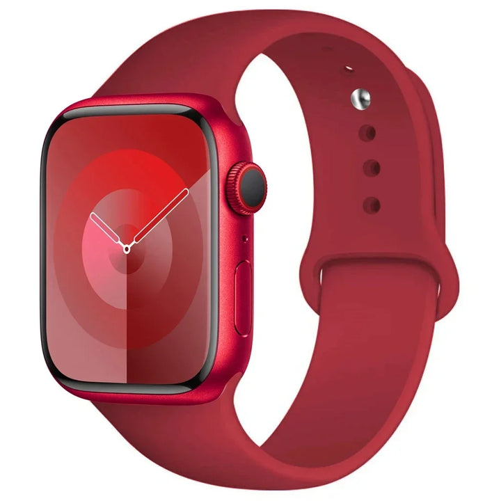 Silicone sport band for Apple Watch, compatible with Series 9/8/7/6/5/SE/Ultra, shown in vibrant colors.