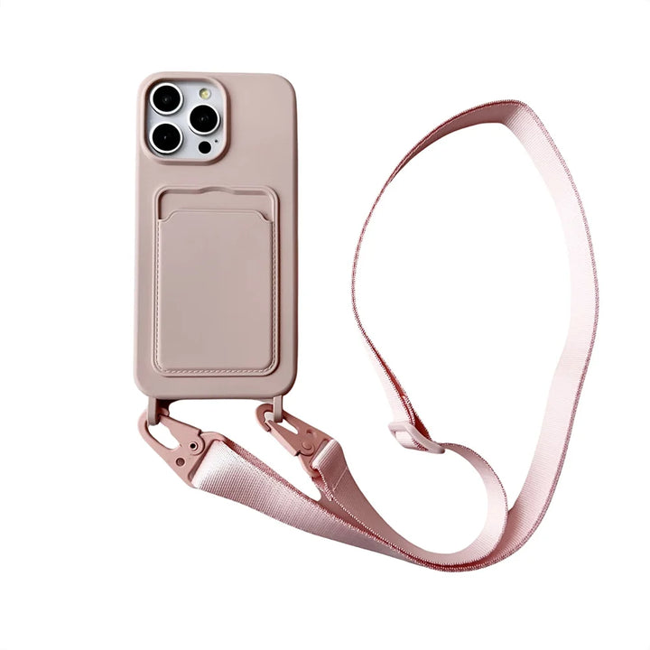 Crossbody Lanyard Necklace Rope Wallet Silicone Case For iPhone 16 15 Plus 14 13 12 11 Pro Max Slot Card Holder Plain Back Cover