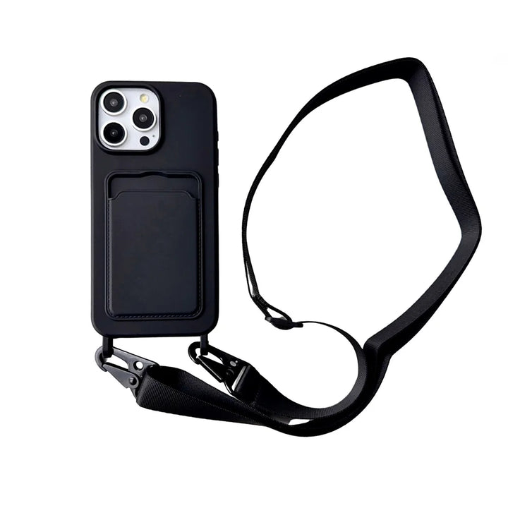 Crossbody Lanyard Necklace Rope Wallet Silicone Case For iPhone 16 15 Plus 14 13 12 11 Pro Max Slot Card Holder Plain Back Cover