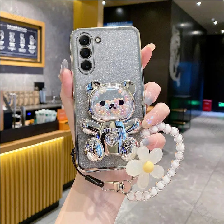 Flower Strap Bear Phone Holder Case for Samsung S23 S24 S21 S22 S20 Ultra Note 10 20