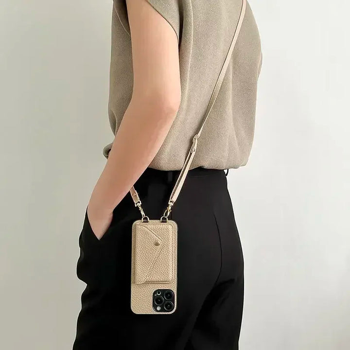 Crossbody leather phone case with wallet and card holder for iPhone 11-16 Pro Max, featuring an adjustable strap and plain design