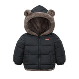 Black children's puffer jacket with bear ears on a white background