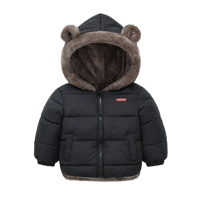 Black children's puffer jacket with bear ears on a white background