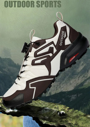 White and brown outdoor sports shoe on a natural background with 'OUTDOOR' text.