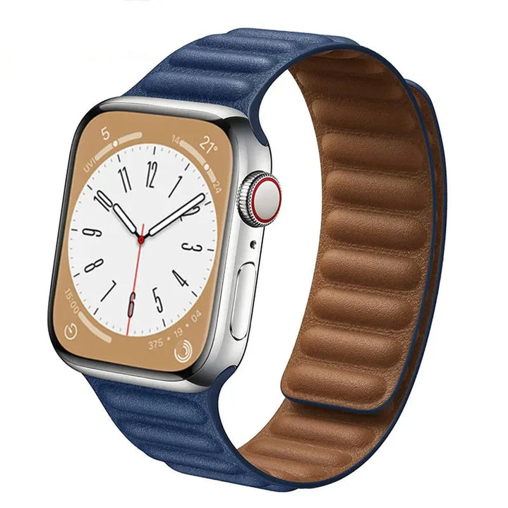 Stylish genuine leather Apple Watch band with magnetic loop closure, available in multiple colors.
