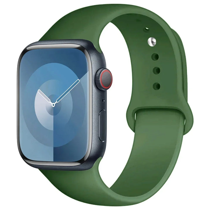 Silicone sport band for Apple Watch, compatible with Series 9/8/7/6/5/SE/Ultra, shown in vibrant colors.