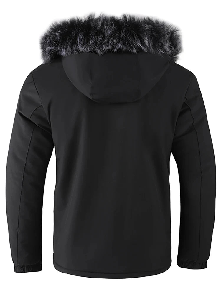 Black jacket with fur hood on a white background