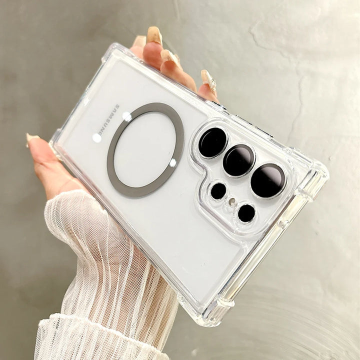 Transparent Armour Magnetic Case with reinforced corners, shockproof design, and wireless charging support for Samsung S25, S24, S23, S22, S21.