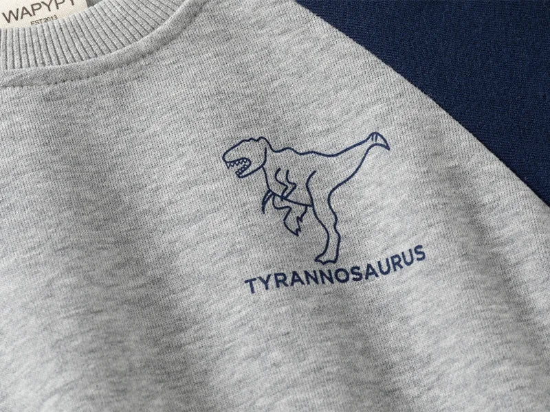 Gray sweatshirt with blue dinosaur design and 'TYRANNOSAURUS' text on a navy background