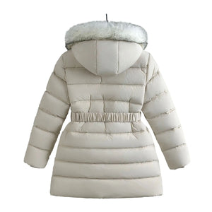 Beige puffer jacket with fur-lined hood on a white background