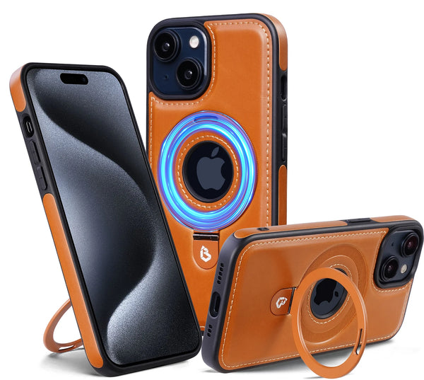 Luxury leather magnetic ring stand iPhone case with full protection, fits iPhone 12, 13, 14, 15, and 16 Pro Max Plus.