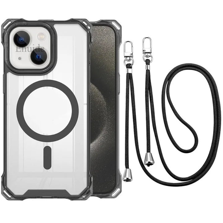 Magsafe Magnetic Strap Crossbody Case for iPhone 16, 15, 14, 13, 12, 11 Pro Max – Clear, Shockproof with Lanyard
