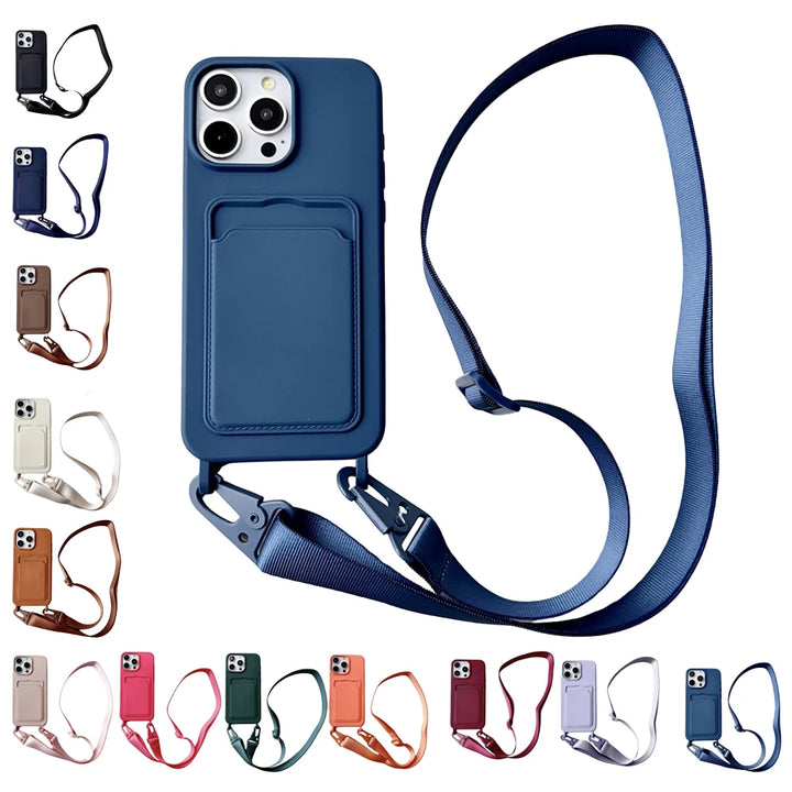 Crossbody Lanyard Necklace Rope Wallet Silicone Case For iPhone 16 15 Plus 14 13 12 11 Pro Max Slot Card Holder Plain Back Cover
