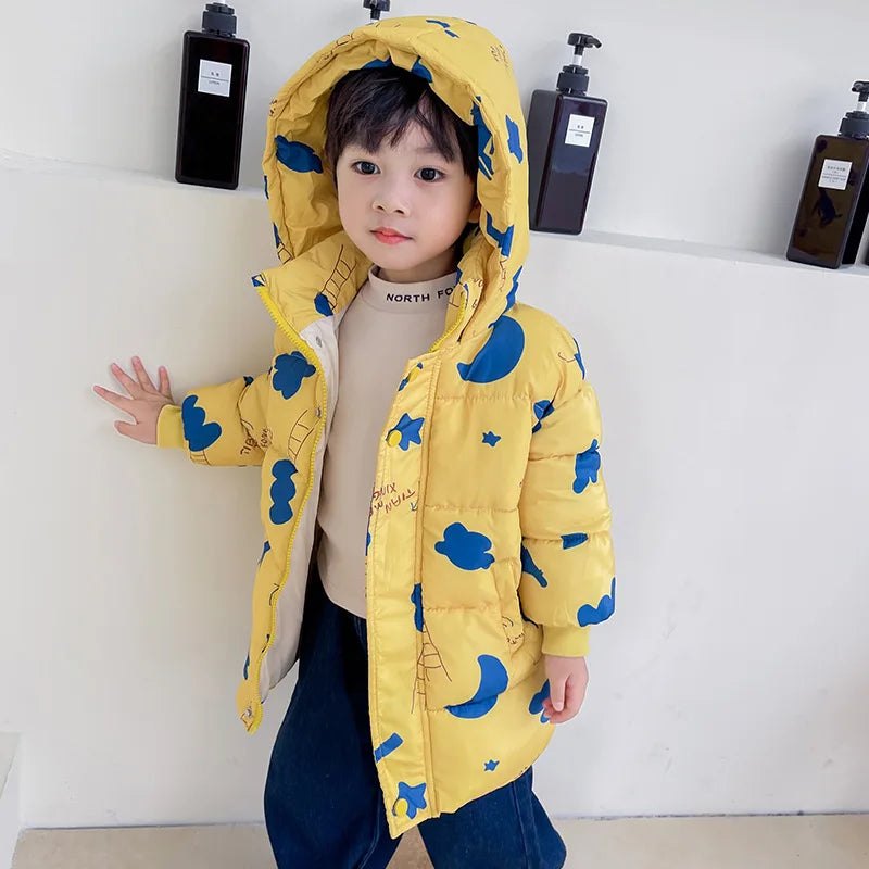 Child wearing a yellow coat with blue patterns against a white background