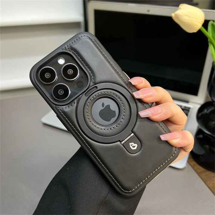 Luxury Magnetic Stand Ring PU Leather Case for iPhone 16/15/14 Plus, 13/12 Pro Max, Magsafe Compatible with Ring Holder and Shockproof Design