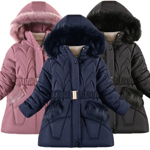 Three winter jackets with fur hoods in pink, navy, and black on a white background.