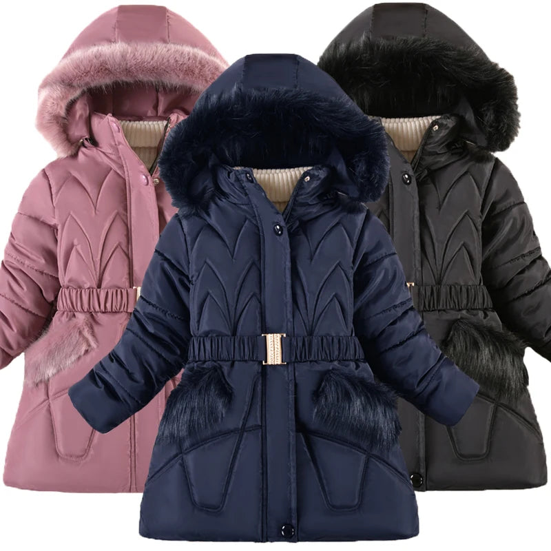 Three winter jackets with fur hoods in pink, navy, and black on a white background.