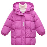 Pink puffer jacket with a white collar on a white background